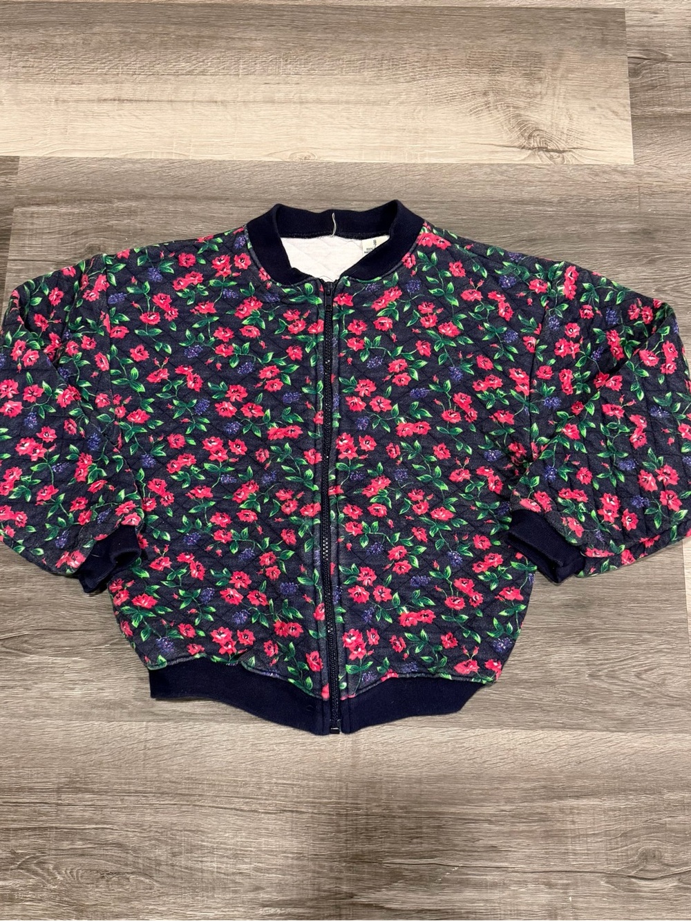 VTG Girls Navy Floral Quilted Bomber Jacket Full Zip 100% Cotton Size 7